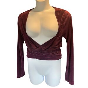 Free People Womens Deep V-Neck Plisse Metallic Twist Front Top Size XL‎ Bergundy